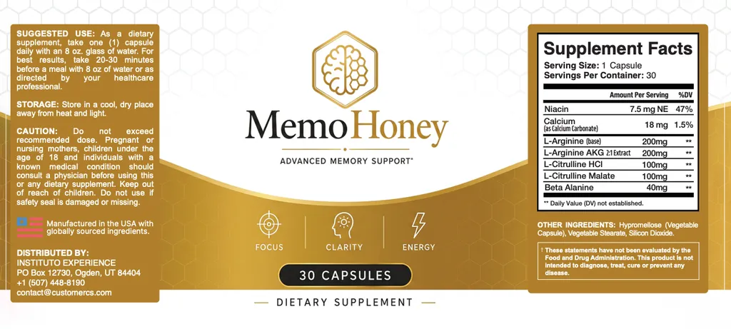 MemoHoney supplement facts label showing niacin, calcium, L-arginine, L-arginine AKG, L-citrulline HCl, L-citrulline malate and beta-alanine